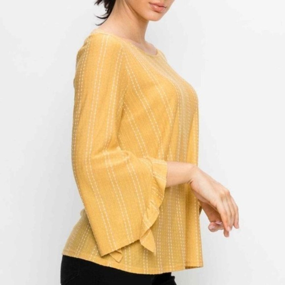 Anthropologie M W5 Concepts Mustard White Polka Dot Ruffle Bell Sleeve Knit Top - Picture 2 of 7